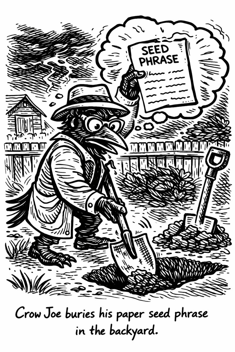 crow joe in the age of ai comic - crow joe the blues playing crow is burying is paper bitcoin seed phrase in the backyard.  the joke is that gold is stereotypically hid by burying it in the backyard.  bitcoin is the new gold.  a seed phrase is being planted in the ground.